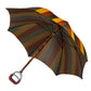 Sit-down umbrella made of massive wood and fabric with multicolored stripes